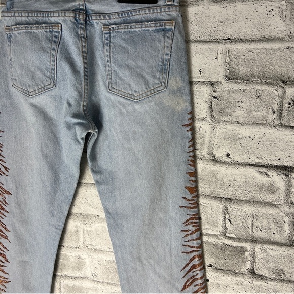 Vintage Guess Y2K Light Wash Metallic Gold Tiger Stripes Straight Leg Jeans - Picture 10 of 11